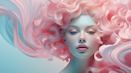Obraz premium Beautiful blonde woman with wavy hair and colorful makeup, beauty salon design