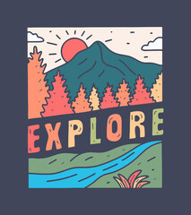 Explore the nature mountain vector mono line for t shirt, badge, sticker print illustration