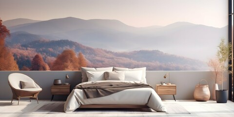 bedroom against the backdrop of photo wallpaper of mountains