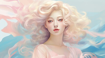 Beautiful blonde woman with wavy hair and colorful makeup, beauty salon design