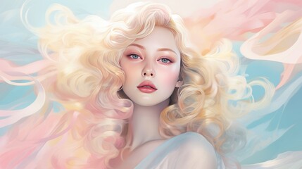 Beautiful blonde woman with wavy hair and colorful makeup, beauty salon design