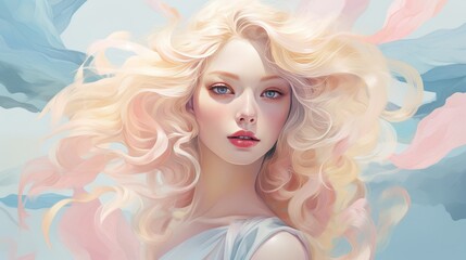 Beautiful blonde woman with wavy hair and colorful makeup, beauty salon design