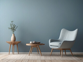 Fototapeta na wymiar Empty light blue stucco wall in Scandinavian style interior with modern trendy armchair. Minimalist interior design.