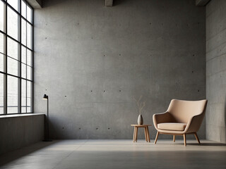 Empty bare cement wall with modern armchair. Minimalist interior design.
