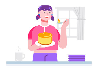 Young girl is tasting a piece of cake. Dessert vector illustrations.