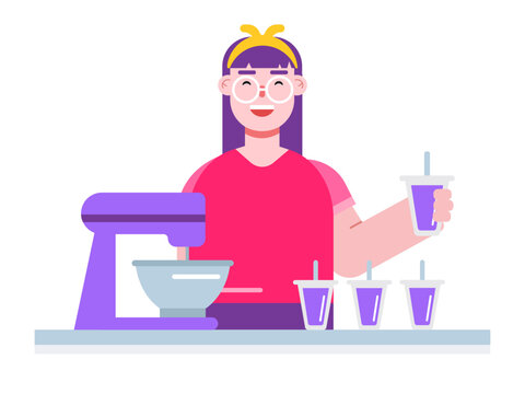 Woman is making drink with mixer. Dessert vector illustrations.