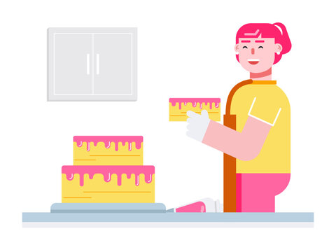Woman is making and preparing cake. Dessert vector illustrations.
