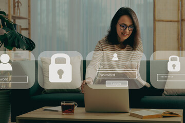 Privacy protection. Woman using smartphone and laptop at home. Digital login interface and...