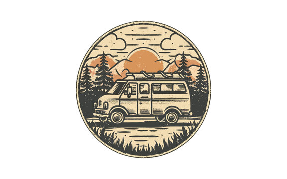 hand drawn highly detailed engraved style old picnic van in forest design, camping van logo design illustration