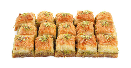 Delicious fresh baklava with chopped nuts isolated on white. Eastern sweets