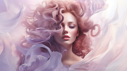 Fototapeta premium Beautiful young woman with curly rose gold hair. Portrait of a beautiful girl with flying hair