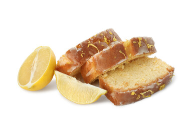 Pieces of tasty lemon cake with glaze and citrus fruits isolated on white