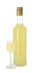 Bottle and glass with tasty limoncello liqueur isolated on white