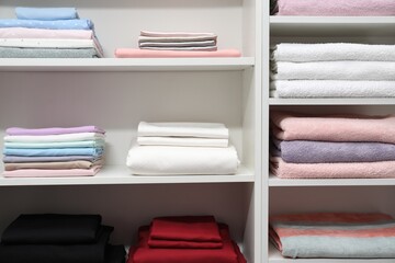 Different color linens on shelves in shop