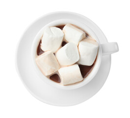 Tasty hot chocolate with marshmallows isolated on white, top view