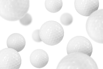 Many golf balls falling on white background