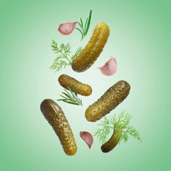 Tasty pickled cucumbers, garlic, dill and rosemary falling on green background