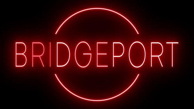 Flickering red retro style neon sign glowing against a black background for BRIDGEPORT