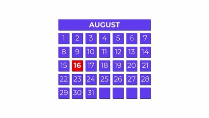 16th August calendar icon animation. Alpha matte with transparent background 4K resolution.
