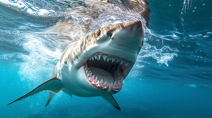 Underwater view of an ocean shark with open, toothy mouth