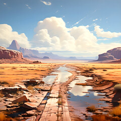 photorealistic landscape painting of grand canyon state country - water puddles in wagon wheel ruts in a desert wasteland with rock formations and mesa beneath a bright blue sky with clouds
