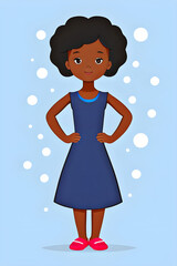 cute cartoon comic illustration of a little Black girl with natural hair afro wearing a navy blue dress and red shoes, standing with her hands on her hips