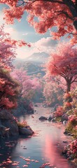 A fantasy landscape with beautiful views of nature, trees, and mountains, in a vertical wallpaper orientation. 