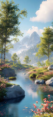 A fantasy landscape with beautiful views of nature, trees, and mountains, in a vertical wallpaper orientation. 