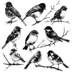 set of birds on white background, birds silhouettes,  black and white, illustration for web, banner - obrazy, fototapety, plakaty