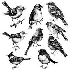 set of birds on white background, birds silhouettes,  black and white, illustration for web, banner