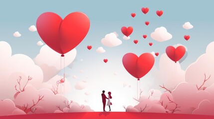 Beautiful young couple hugging, kissing celebrating St Valentine's Day with air balloons in shape of heart on white background.