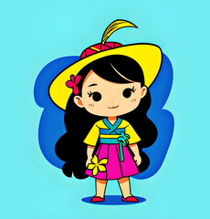 cute cartoon comic illustration of a smiling little Hawaiian girl wearing a traditional pacific islander polynesian outfit and a hat