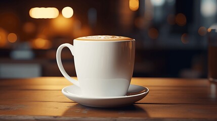 Fototapeta premium Coffee cup on wooden table with bokeh background. generative ai