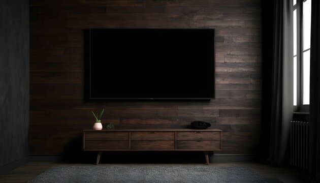 Mockup a TV wall mounted in a dark room with a dark wood wall created with generative ai