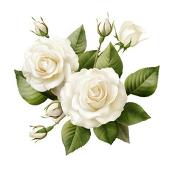 White rose and bud, leave and stem isolated on transparent or white background