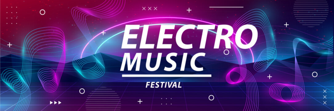 neon electric music festival with mountains, and rainbows in the background