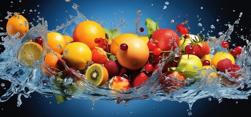 various fresh fruit with a splash of water