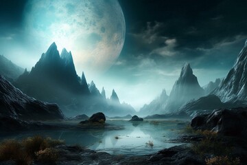 Fototapeta na wymiar Unusual otherworldly environment, featuring a surreal dreamlike alien planet with atmospheric clouds and a prominent rising moon. Generative AI