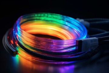 Coiled fiber optic cable. High-speed internet using optical fiber. Generative AI - obrazy, fototapety, plakaty