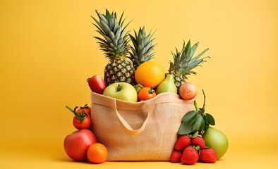 various fruits are put into a special cloth bag with fruit with a yellow background