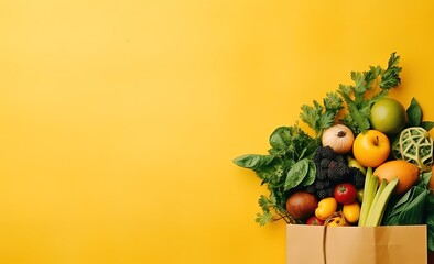 There are paper bags filled with various types of fruits and vegetables