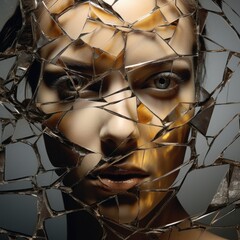 A breathtaking portrait seen through broken glass, with the golden parts of the mask reflecting the light.concept of loss of identity, psychological problems, broken feelings