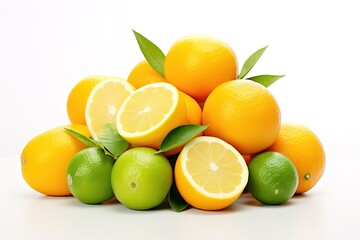 Fresh yellow and green lemons on a white background