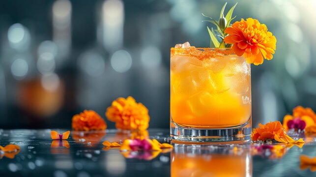 A glass of tequila with vibrant edible marigolds in an eye-catching floral combination. Tequila cocktail in a golden hue and the delicate aesthetics of marigolds.