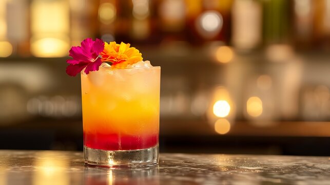 A glass of tequila with vibrant edible marigolds in an eye-catching floral combination. Tequila cocktail in a golden hue and the delicate aesthetics of marigolds.