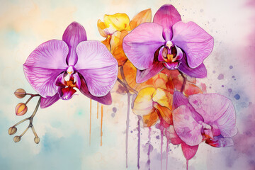 Enchanting Orchid Blossom: A Vibrant Delight of Pink and Purple in a Botanical Watercolor Garden.