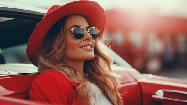 Fashionable woman in a red hat and sunglasses enjoys a ride in a convertible.