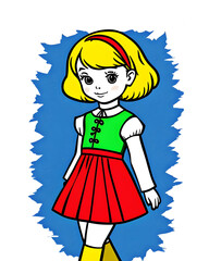 cute cartoon comic illustration of a smiling blonde little Swedish girl wearing a traditional red, green, and white dress with a red hairband