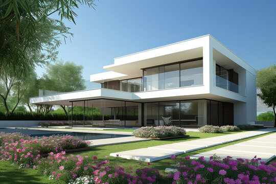 A contemporary house with sleek lines and minimalist design, a big flowers garden
