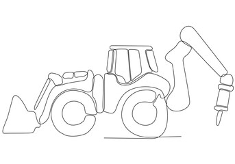 One continuous line drawing of heavy equipment for building construction, business commercial vehicle. Heavy construction truck equipment concept. Dynamic single line draw design vector illustration